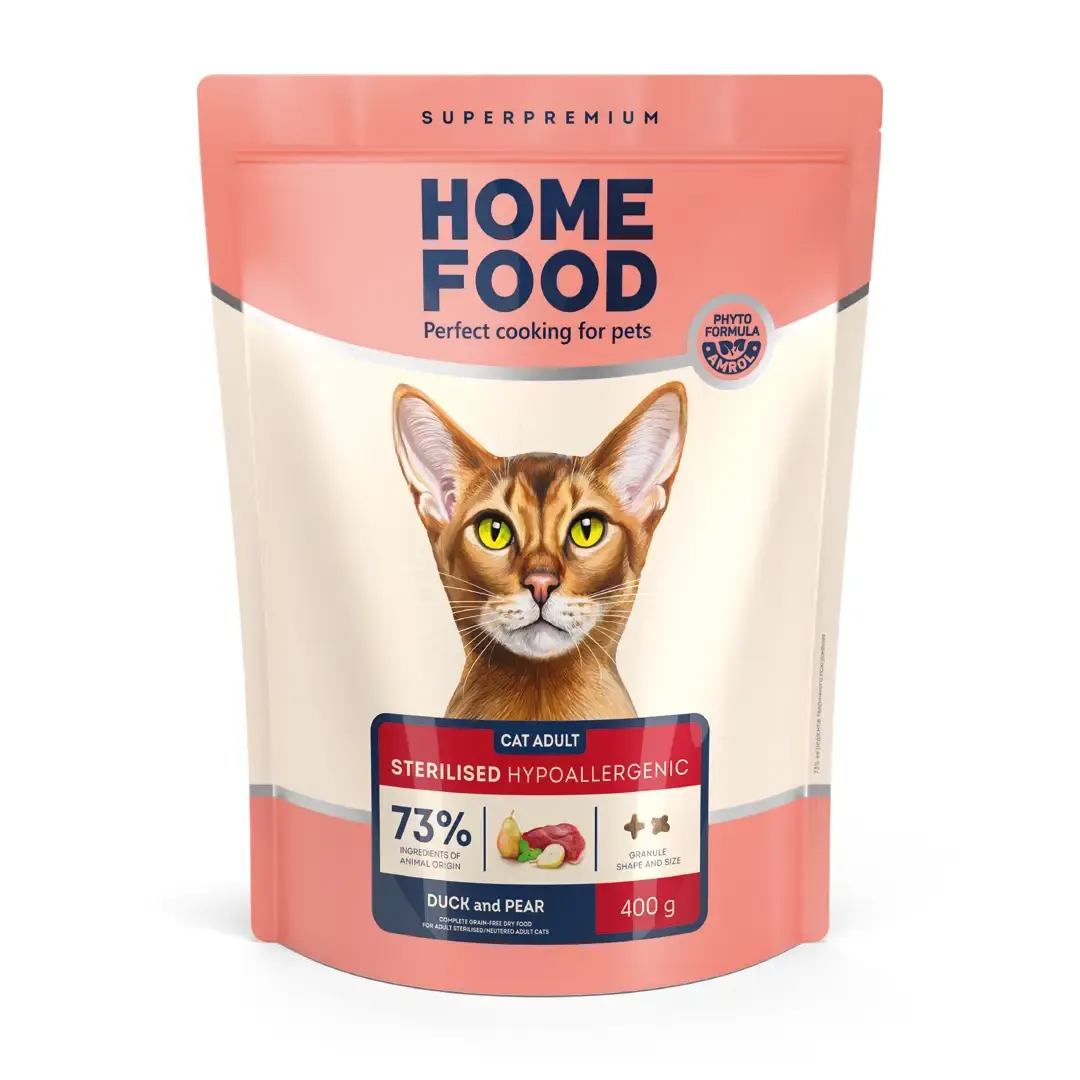Home Food CAT Adult Sterilised Hypoallergenic Duck and Pear, 400 г, гипоаллергенный беззерновой сухой корм для взрослых стерилизованных кошек, утиное филе с грушей
