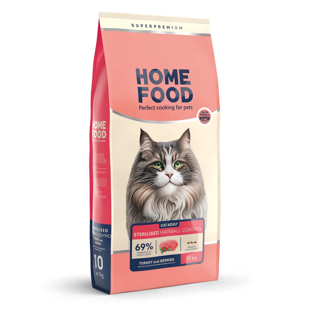 Home Food CAT Adult Sterilised Hairball Control Turkey and Berries, 10 кг, сухий корм з куркою для дорослих стерилізованих котів, з качкою та індичкою, профілактика утворення грудочок шерсті
