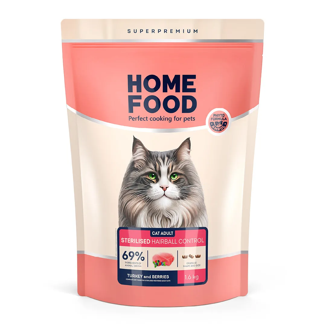 Home Food CAT Adult Sterilised Hairball Control Turkey and Berries, 1,6 кг, сухий корм з куркою для дорослих стерилізованих котів, з качкою та індичкою, профілактика утворення грудочок шерсті