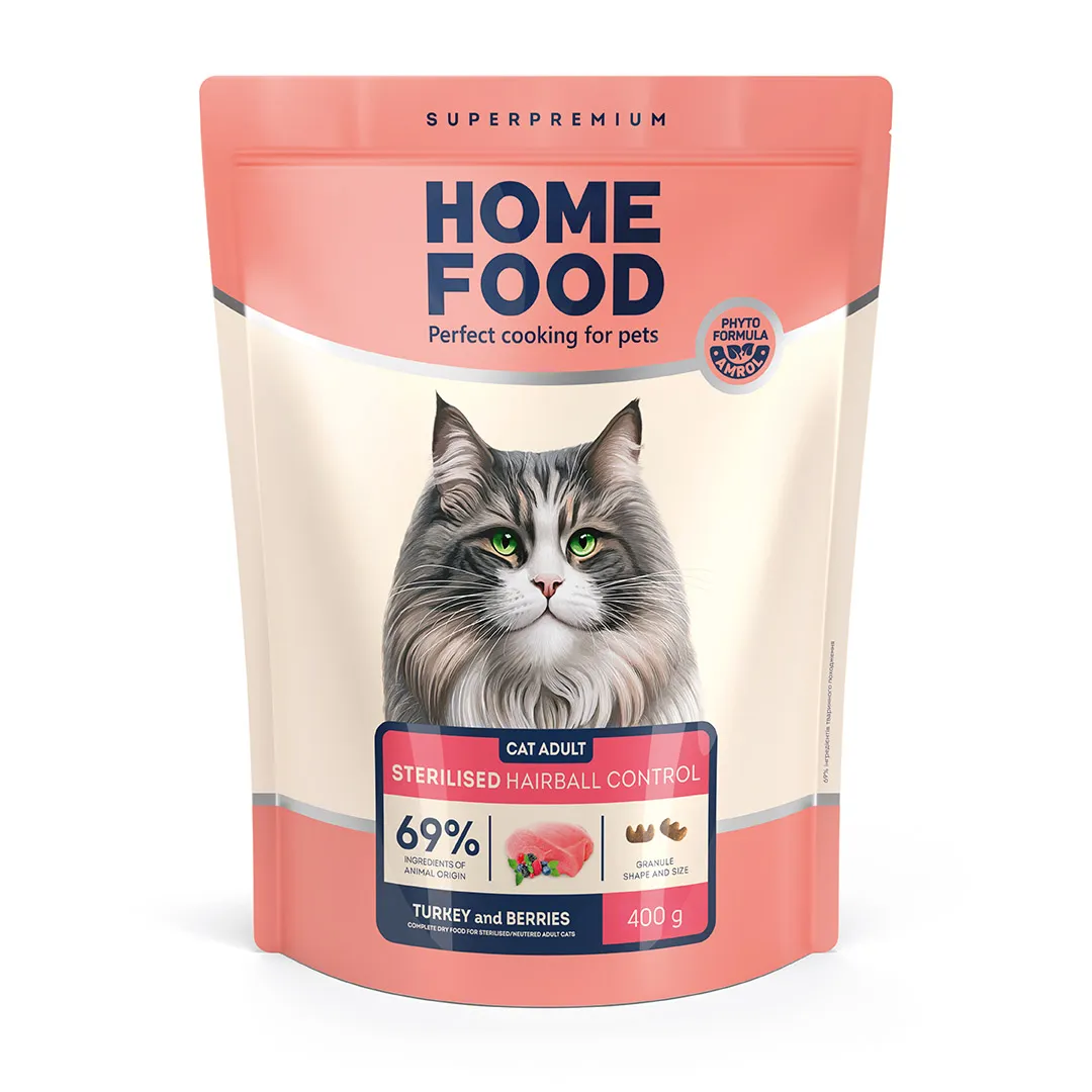 Home Food CAT Adult Sterilised Hairball Control Turkey and Berries, 400 г, сухий корм з куркою для дорослих стерилізованих котів, з качкою та індичкою, профілактика утворення грудочок шерсті