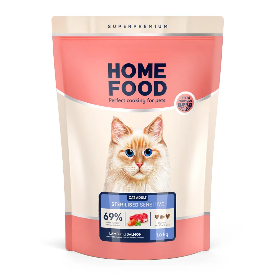 Home Food CAT Adult Sterilised Sensitive Lamb and Salmon, 1,6 кг, сухий корм для дорослих стерилізованих котів з чутливим травленням, ягня та лосось