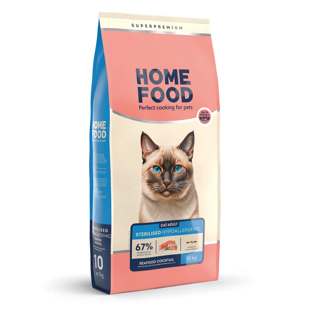 Home Food CAT Adult Sterilised Hypoallergenic Seafood Cocktail, 10 кг, гіпоалергенний сухий корм для дорослих стерилізованих котів, морський коктейль