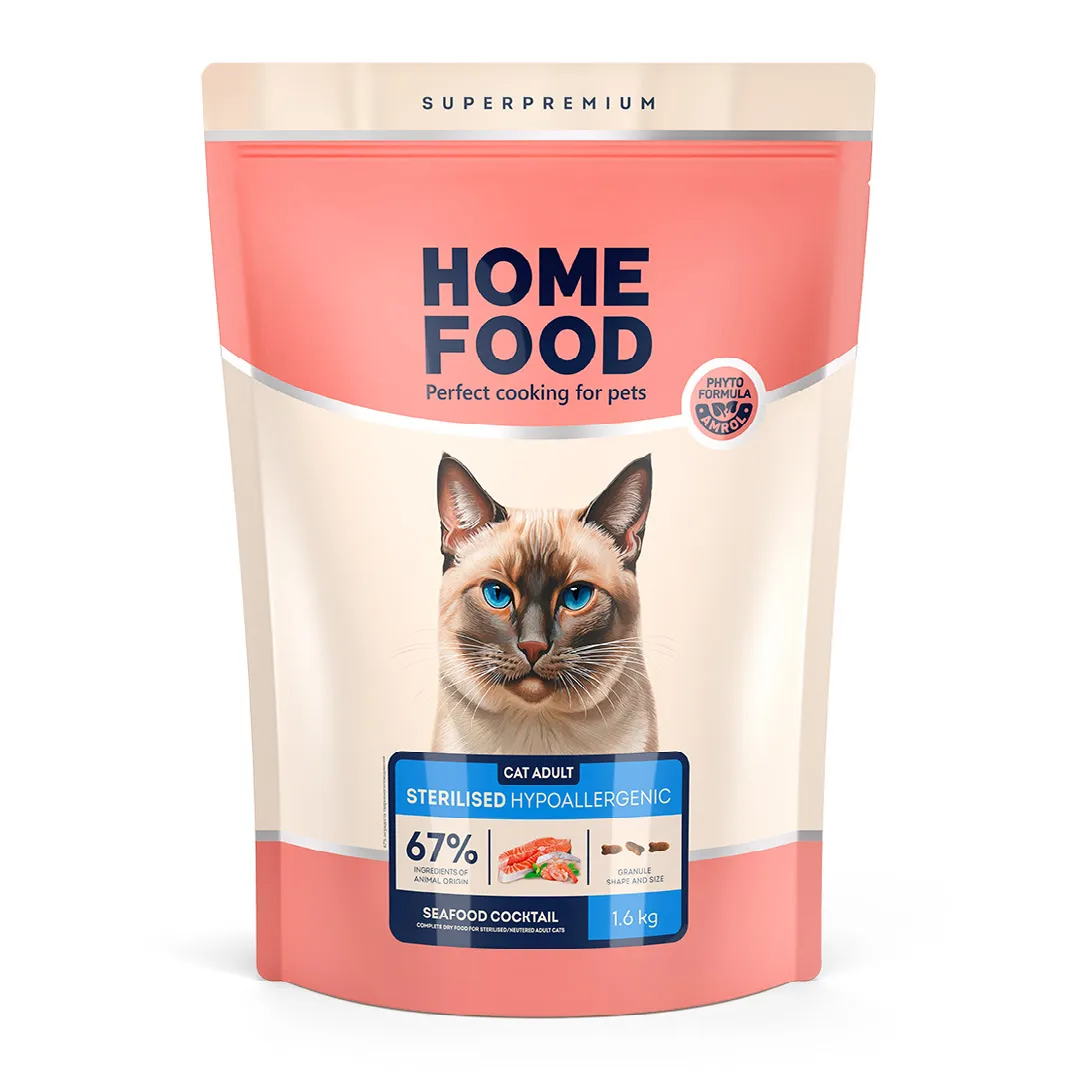 Home Food CAT Adult Sterilised Hypoallergenic Seafood Cocktail, 1,6 кг, гіпоалергенний сухий корм для дорослих стерилізованих котів, морський коктейль