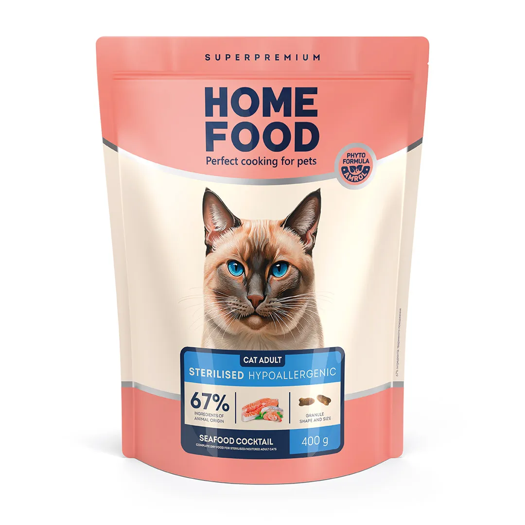 Home Food CAT Adult Sterilised Hypoallergenic Seafood Cocktail, 400 г, гіпоалергенний сухий корм для дорослих стерилізованих котів, морський коктейль