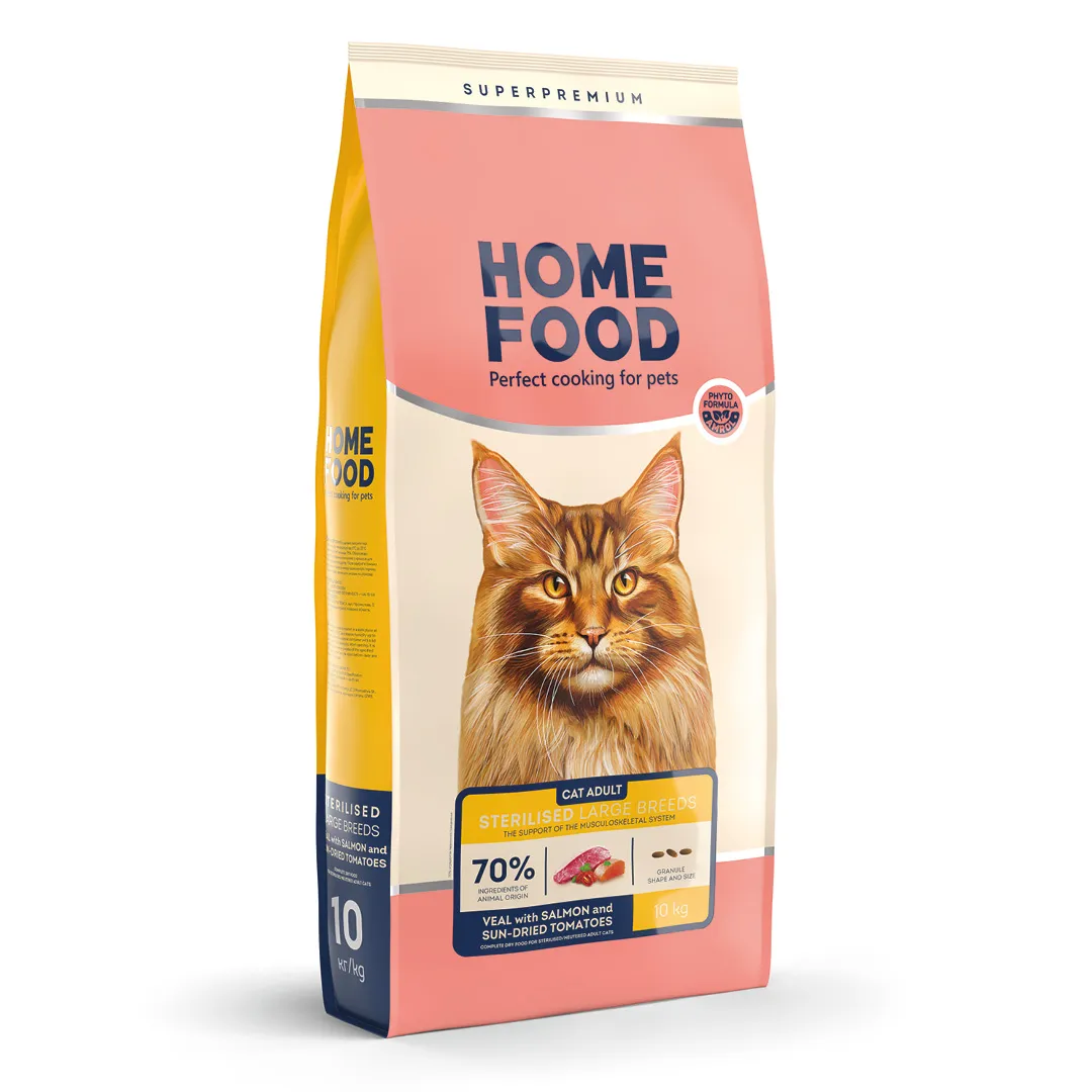 Home Food CAT Adult Sterilised Large Breeds Veal with Salmon and Sun-Dried Tomatoes, 10 кг, сухой корм для стерилизованных взрослых кошек больших пород, телятина с лососем и вялеными томатами, поддержка опорно-двигательного аппарата