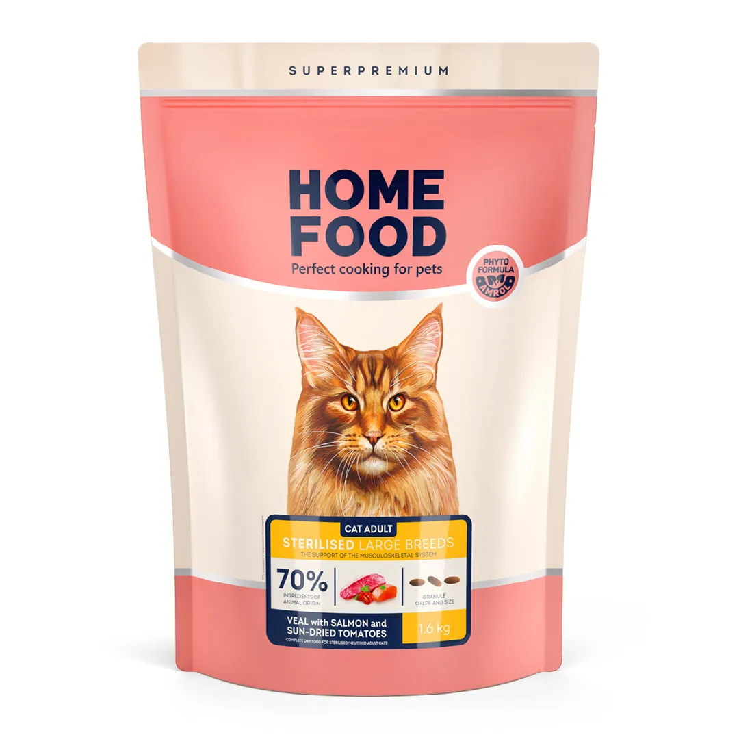 Home Food CAT Adult Sterilised Large Breeds Veal with Salmon and Sun-Dried Tomatoes, 1,6 кг, сухой корм для стерилизованных взрослых кошек больших пород, телятина с лососем и вялеными томатами, поддержка опорно-двигательного аппарата