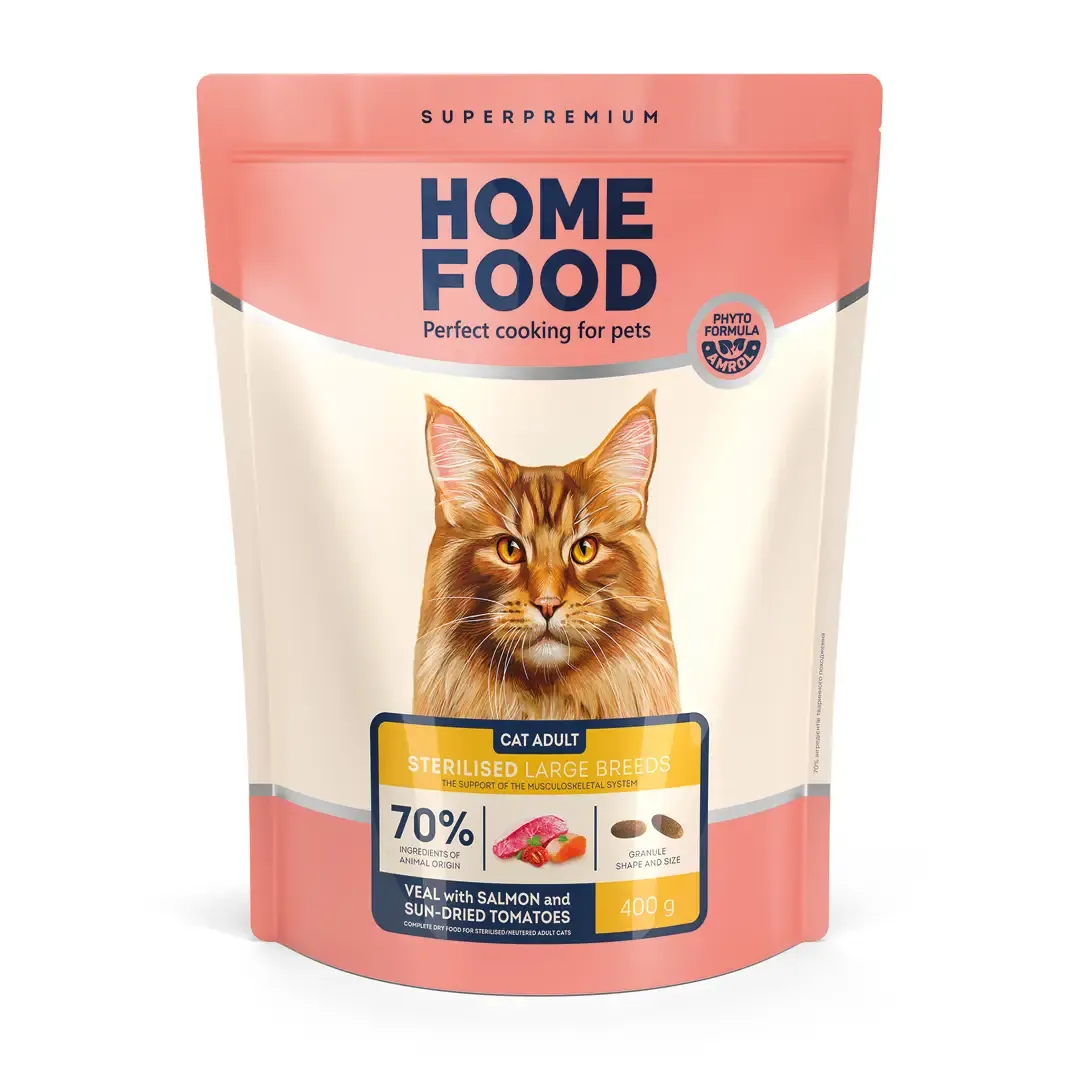 Home Food CAT Adult Sterilised Large Breeds Veal with Salmon and Sun-Dried Tomatoes, 400 г, сухой корм для стерилизованных взрослых кошек больших пород, телятина с лососем и вялеными томатами, поддержка опорно-двигательного аппарата