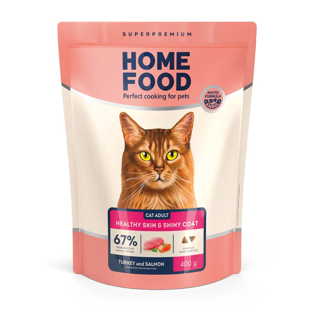 Home Food CAT Adult Healthy Skin and Shiny Coat Turkey and Salmon, 400 г, сухой корм для взрослых кошек, здоровая кожа и блеск шерсти, индейка и лосось