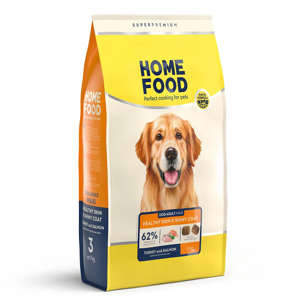 Home Food DOG Adult Maxi Healthy Skin&Shiny Coat Turkey and Salmon, 3 кг, сухой корм, индейка и лосось, для взрослых собак больших пород, здоровая кожа и блеск шерсти