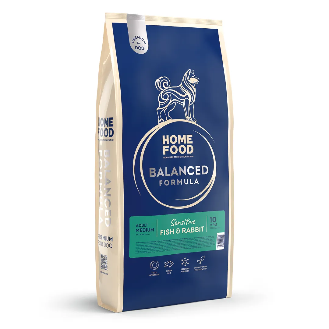 Home Food DOG Adult Medium Balanced Formula Sensitive Fish&Rabbit, 10 кг, гипоаллергенный сухой корм для взрослых собак средних пород с чувствительным пищеварением, рыба и кролик