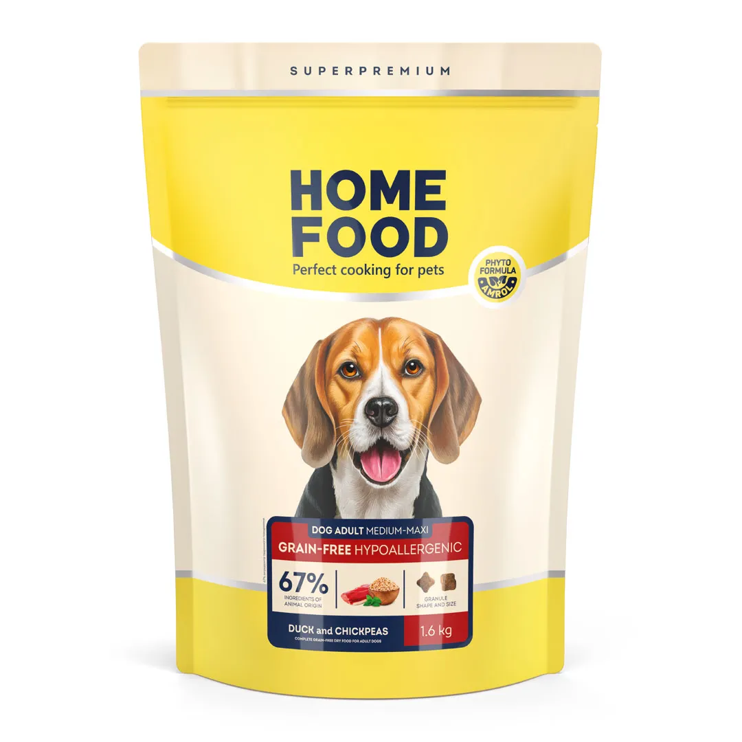 Home Food DOG Adult Medium/Maxi Grain Free Hypoallergenic Duck and Chickpeas, 1,6 кг, беззерновой гипоаллергенный сухой корм для взрослых собак средних и крупных пород, с мясом утки, нутом и овощами