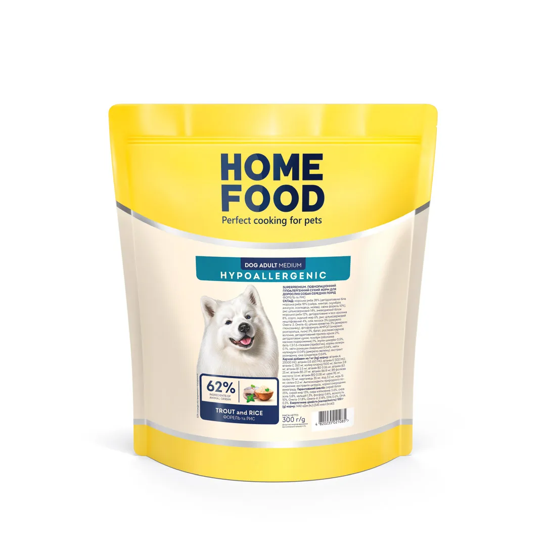 Home Food DOG Adult Medium Hypoallergenic Trout and Rice, 300 г, гипоаллергенный сухой корм, форель с рисом, для взрослых собак средних пород