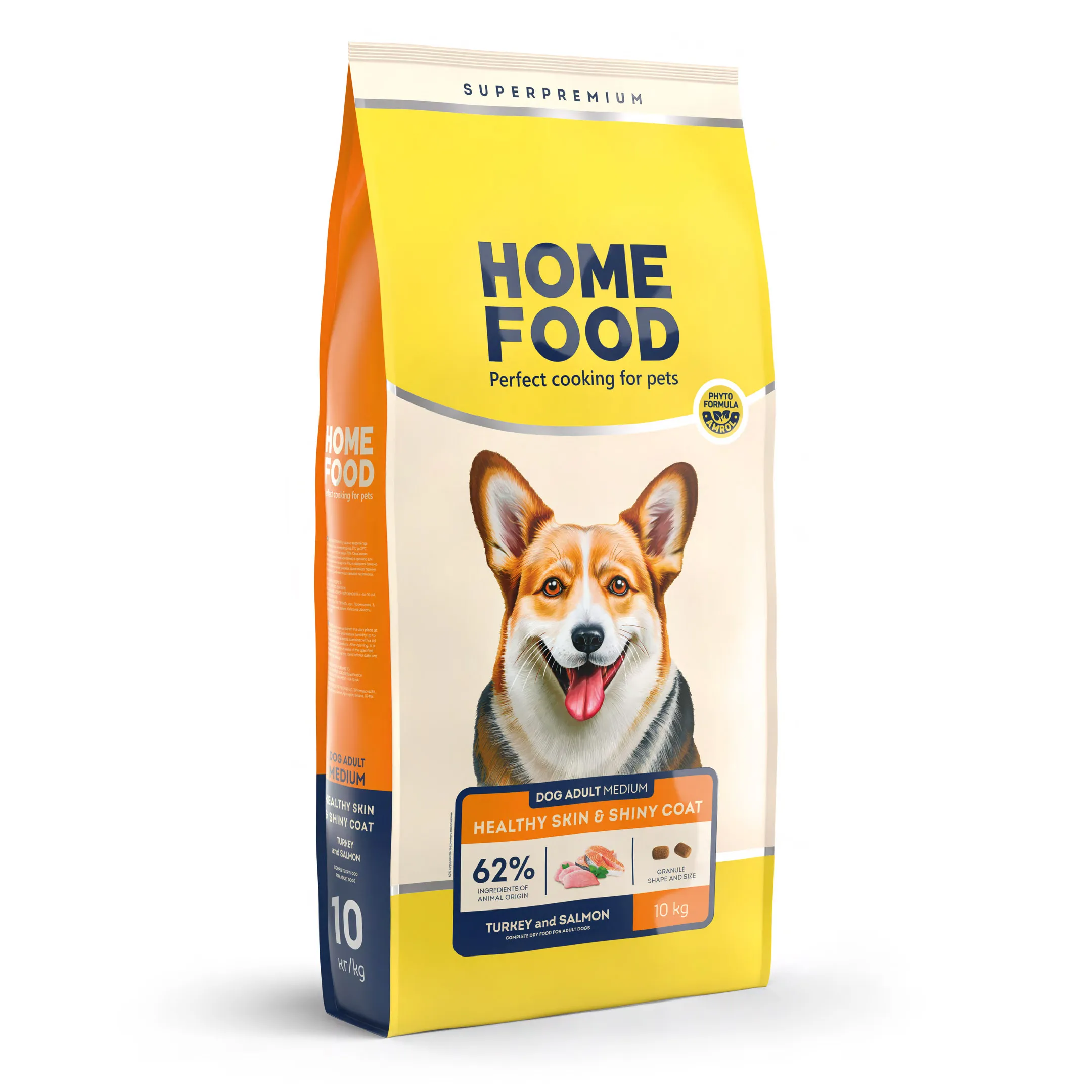 Home Food DOG Adult Medium Healthy Skin&Shiny Coat Turkey and Salmon, 10 кг, сухой корм, индейка и лосось, для взрослых собак средних пород, здоровая кожа и блеск шерсти