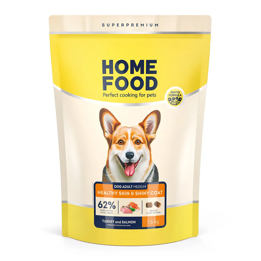 Home Food DOG Adult Medium Healthy Skin&Shiny Coat Turkey and Salmon, 1,6 кг, сухой корм, индейка и лосось, для взрослых собак средних пород, здоровая кожа и блеск шерсти