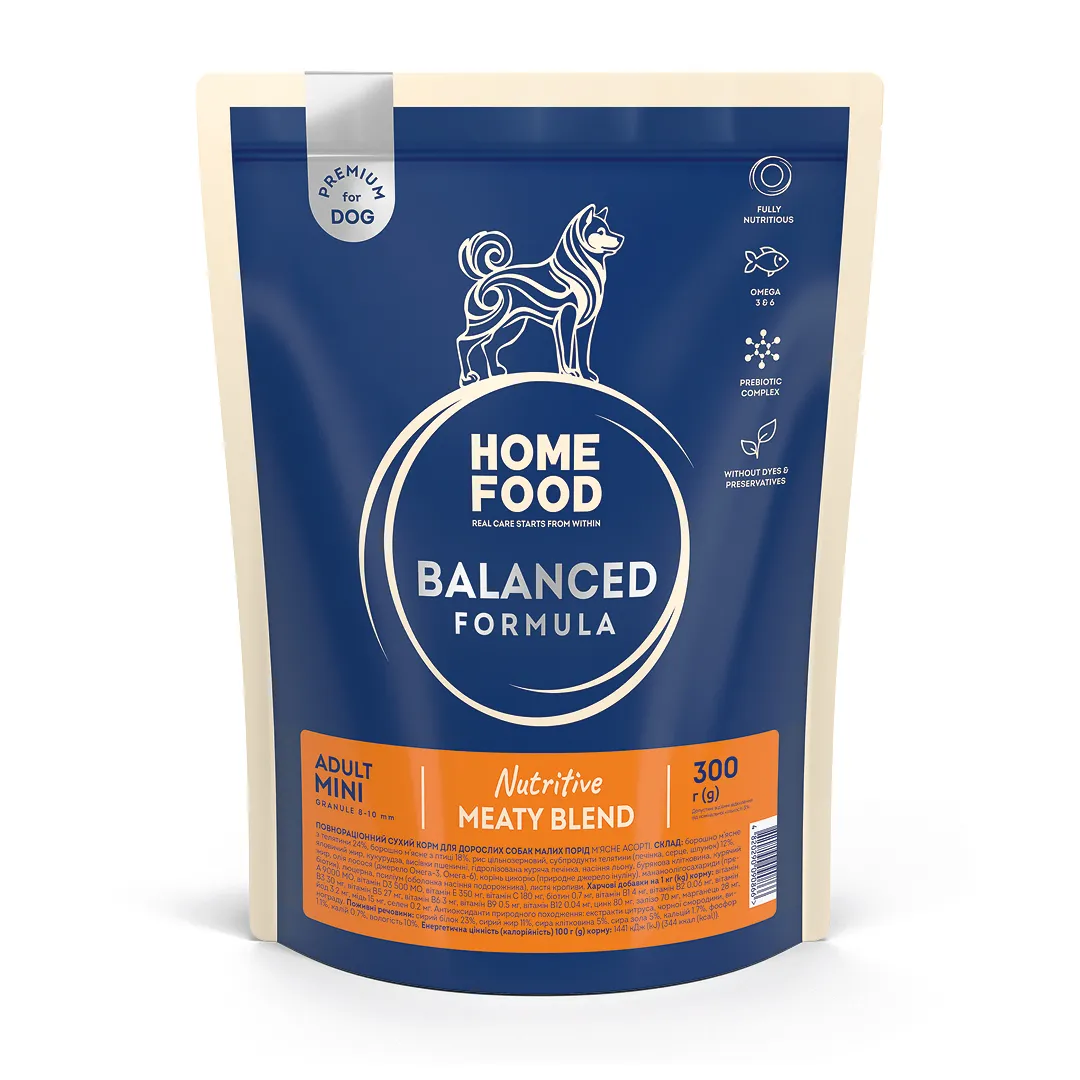 Home Food DOG Adult Mini balanced Formula Nutritive Meaty Blend, 300 г, сухий корм для дорослих собак малих порід, м'ясне асорті