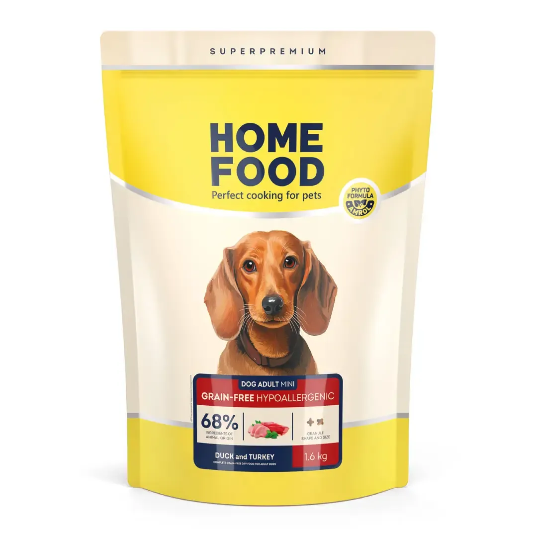Home Food DOG Adult Mini Grain Free Hypoallergenic Duck and Turkey, 1,6 кг, беззерновой гипоаллергенный сухой корм для взрослых собак малых пород, утка и индейка