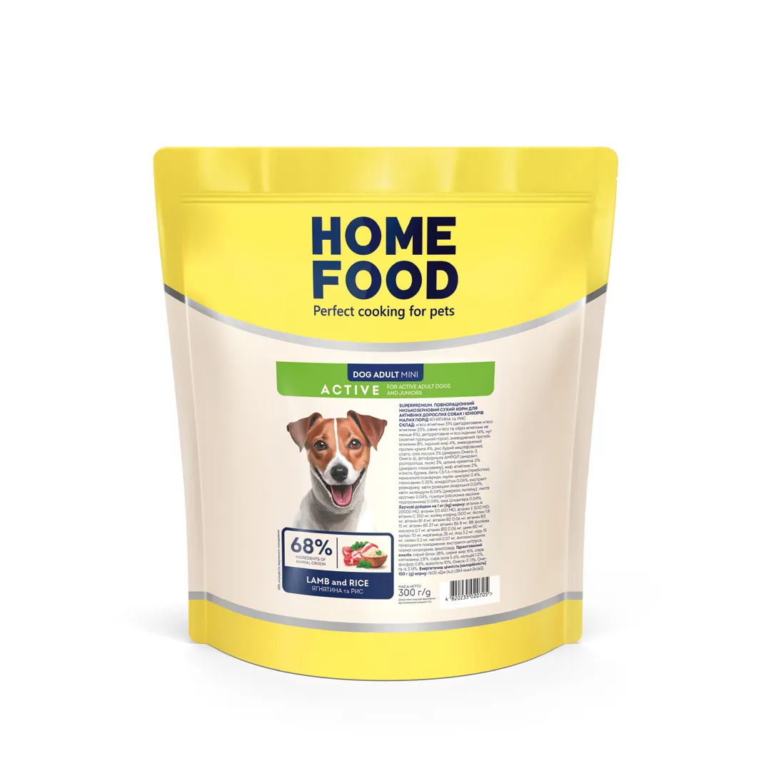 Home Food DOG Adult Mini Active Lamb and Rice, 300 г, низкозерновой сухой корм для взрослых активных собак и юниоров мелких пород, ягненка с рисом
