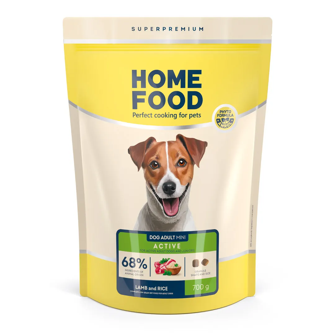 Home Food DOG Adult Mini Active Lamb and Rice, 700 г, низкозерновой сухой корм для взрослых активных собак и юниоров мелких пород, ягненка с рисом