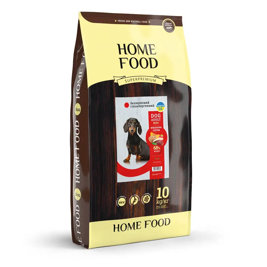 Home Food DOG Grain Free Adult Mini, 10 кг, беззерновой гипоаллергенный сухой корм, с мясом утки, нутом и овощами, для взрослых собак мелких пород