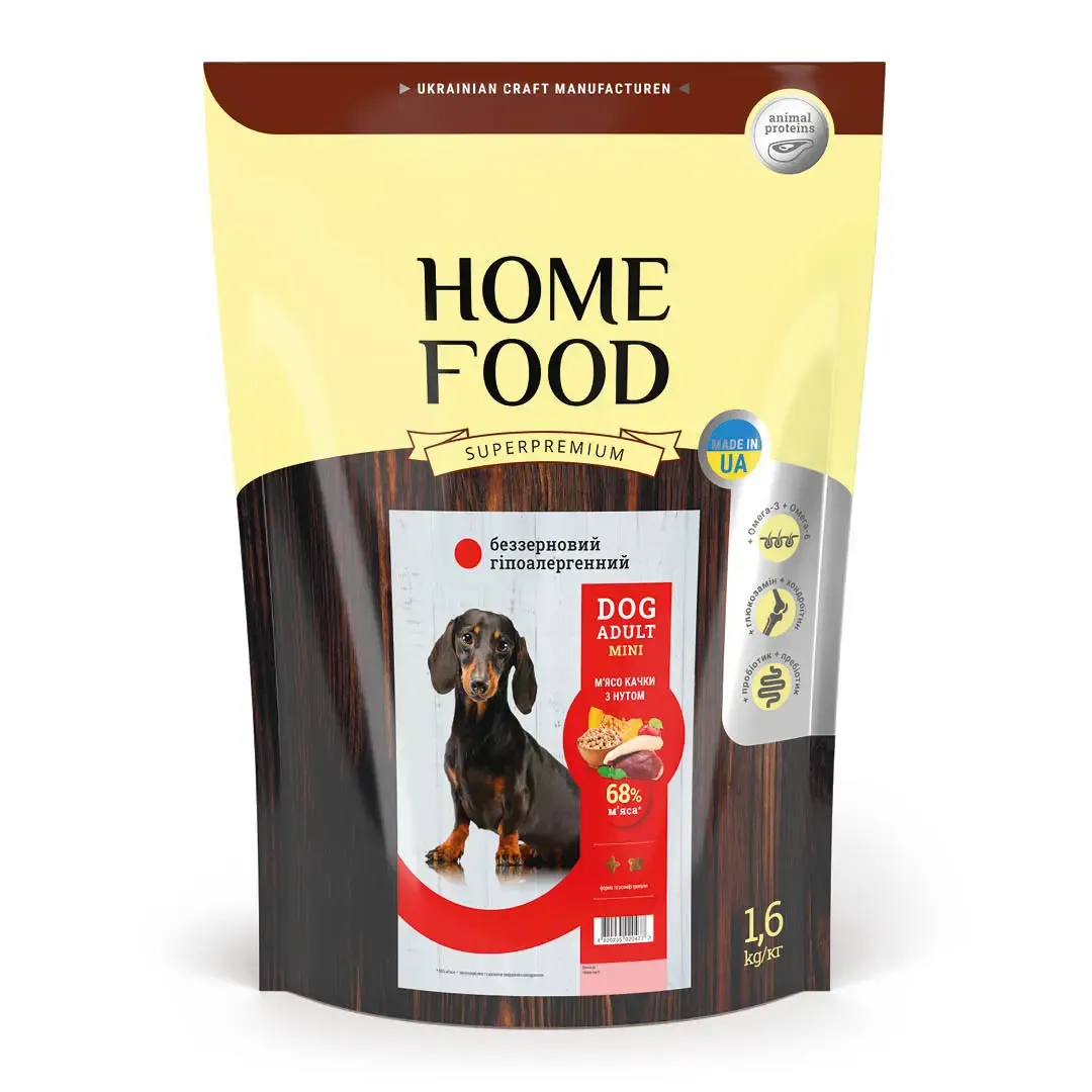 Home Food DOG Grain Free Adult Mini, 1,6 кг, беззерновой гипоаллергенный сухой корм, с мясом утки, нутом и овощами, для взрослых собак мелких пород