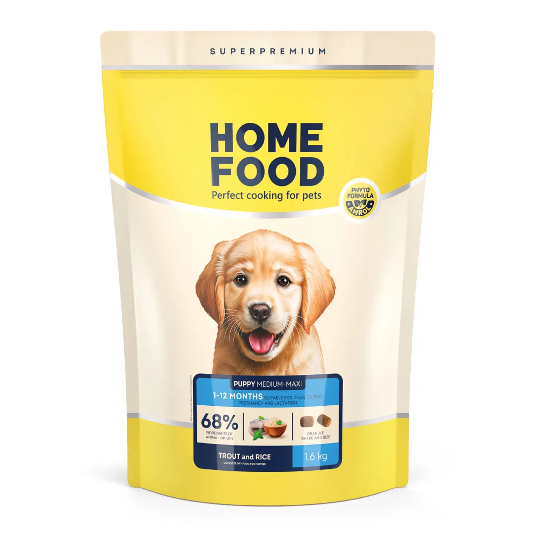 Home Food DOG Puppy Medium/Maxi Trout and Rice, 1,6 кг, гипоаллергенный сухой корм для щенков собак средних и крупных пород, форель с рисом
