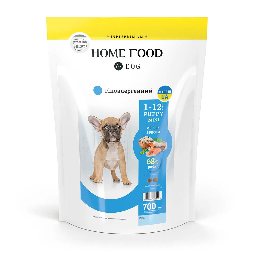 Home Food DOG Puppy Mini гипоаллергенный сухой корм, форель с рисом, для щенков собак мелких пород - 700 г