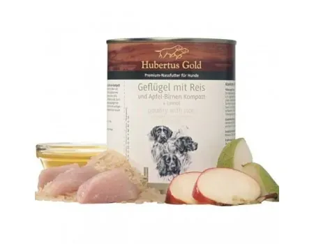 Hubertus Gold Dog Geflügel&Reis, 800 г, влажный корм для собак, птица и рис с яблоком и грушей (кусочки в соусе)