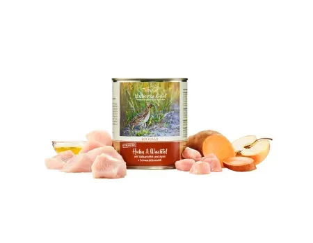 Hubertus Gold Dog Huhn&Wachtel, 800 г, влажный корм для собак, курица и перепелка с бататом, яблоком и маслом черного тмина (кусочки в соусе)