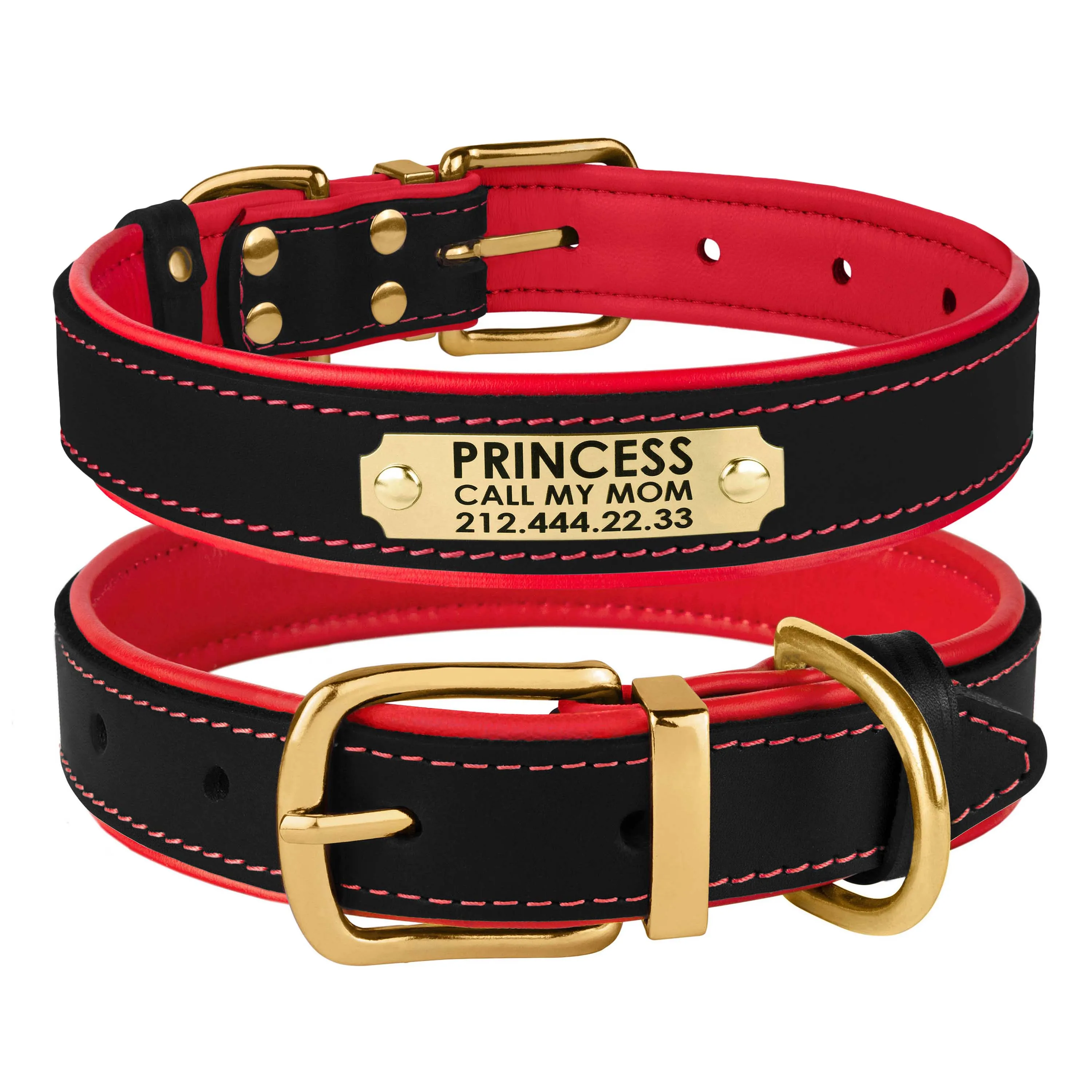 Bronzedog Premium Ошейник для собак кожаный с литой латунной фурнитурой и адресником черно-красный