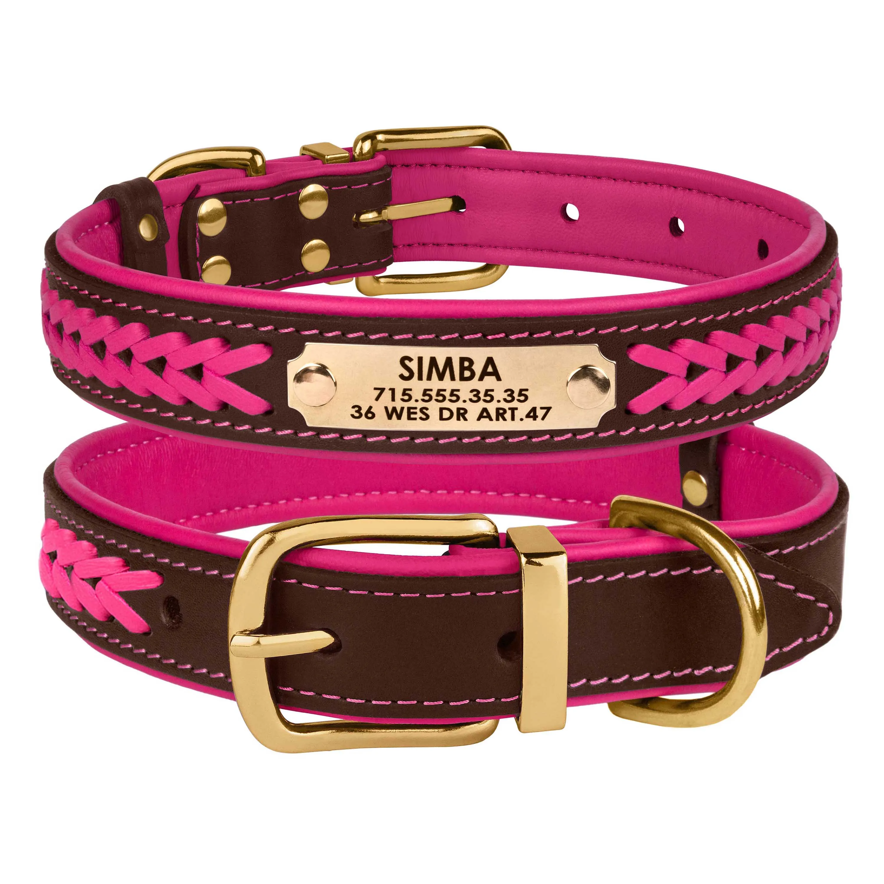 BronzeDog Premium Ошейник для Собак Кожаный с Литой Латунной Фурнитурой и Адресником Коричнево-Розовый XL