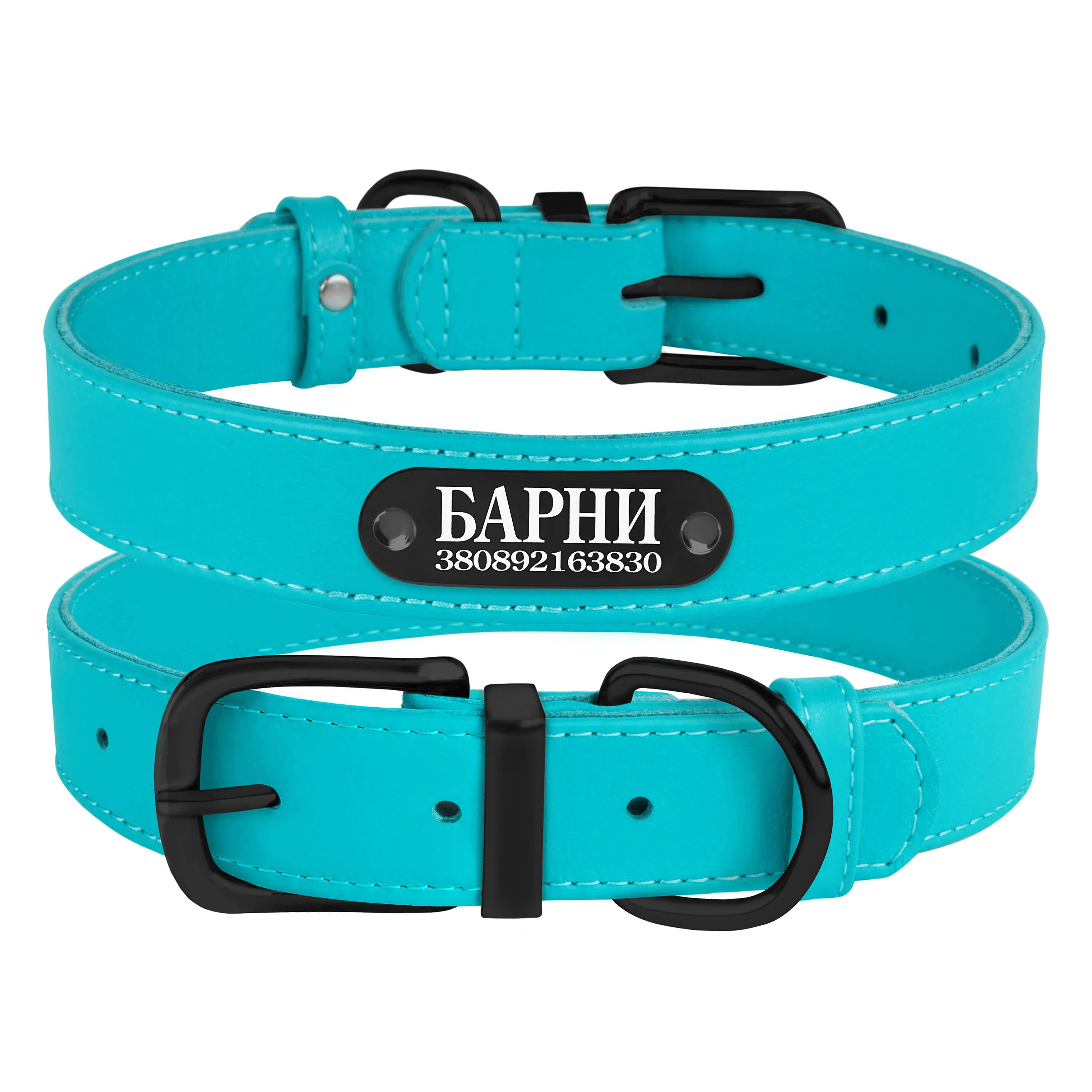 BronzeDog Premium Ошейник для Собак Кожаный с Металлической Фурнитурой Голубой 2XL