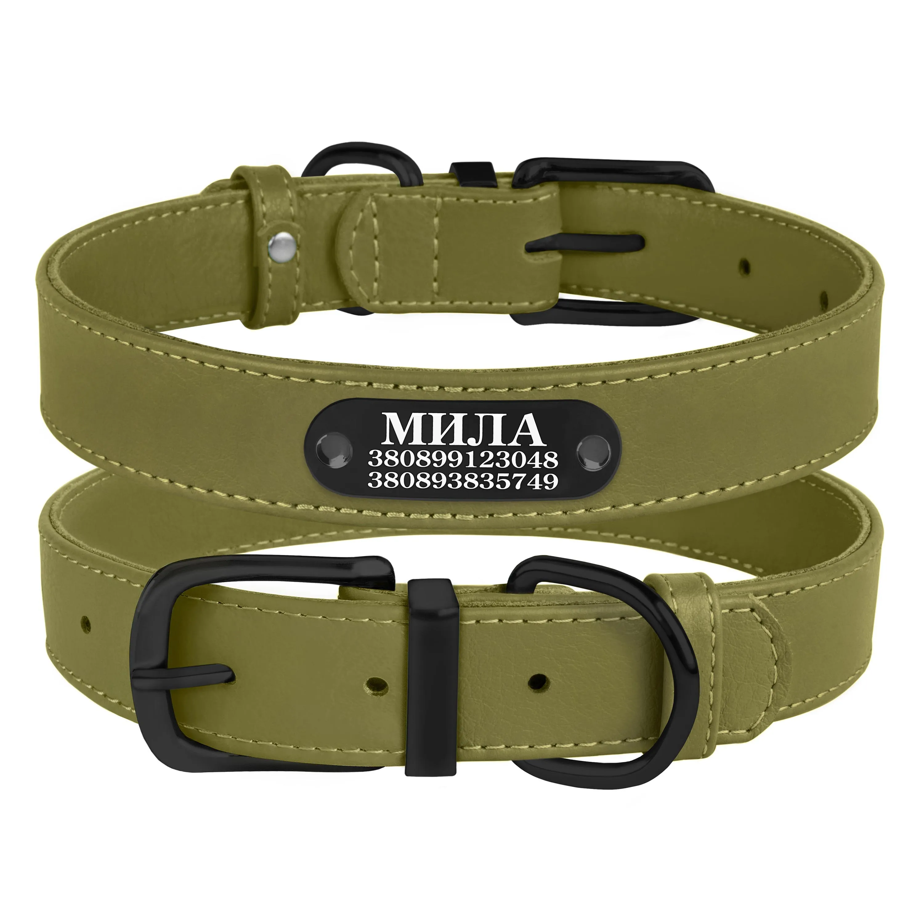 BronzeDog Premium Ошейник для Собак Кожаный с Металлической Фурнитурой Оливковый 2XL
