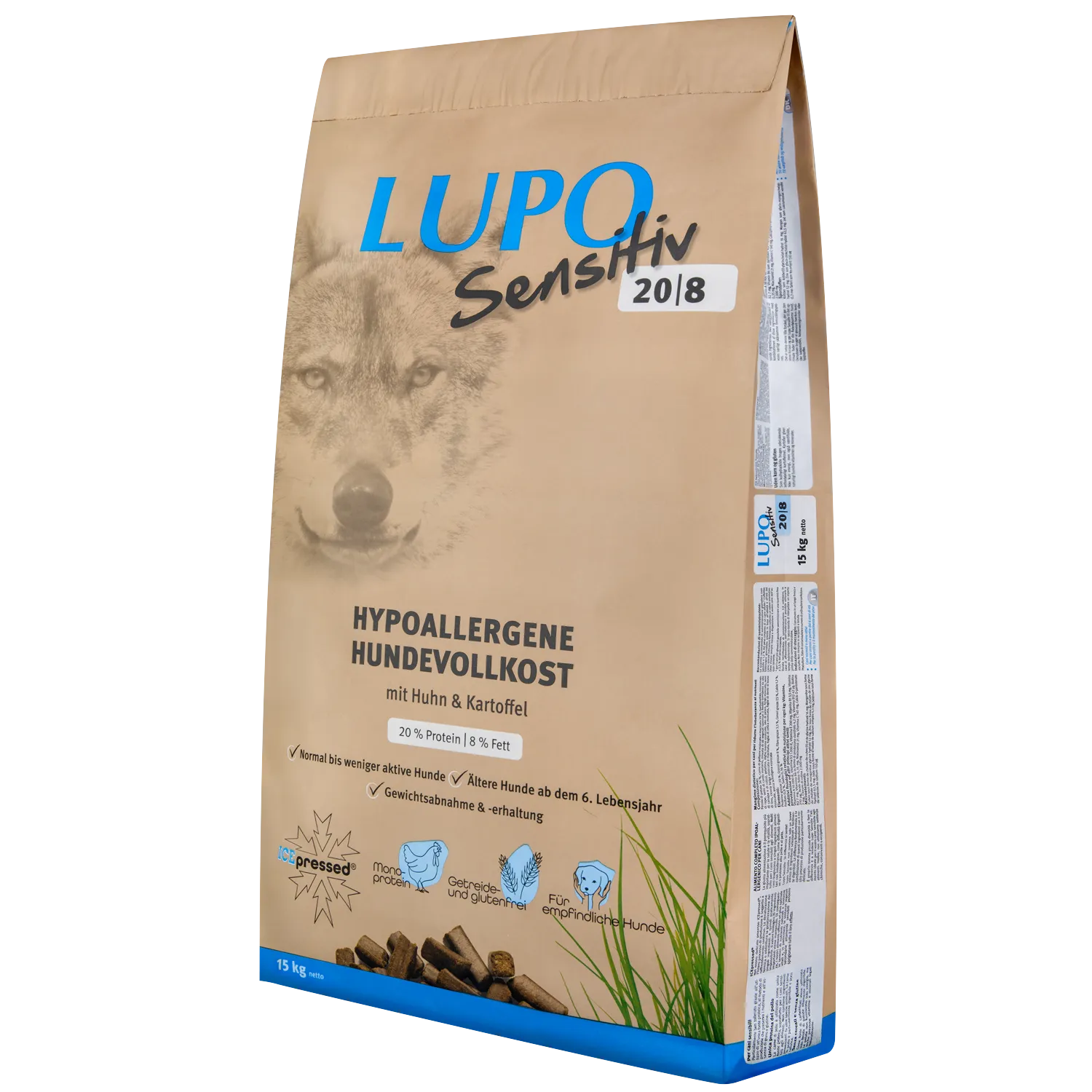 Lupo Sensitiv 20/8 Chicken and Potatoes, 15 кг, гипоаллергенный монопротеиновый сухой корм для собак, мало активных