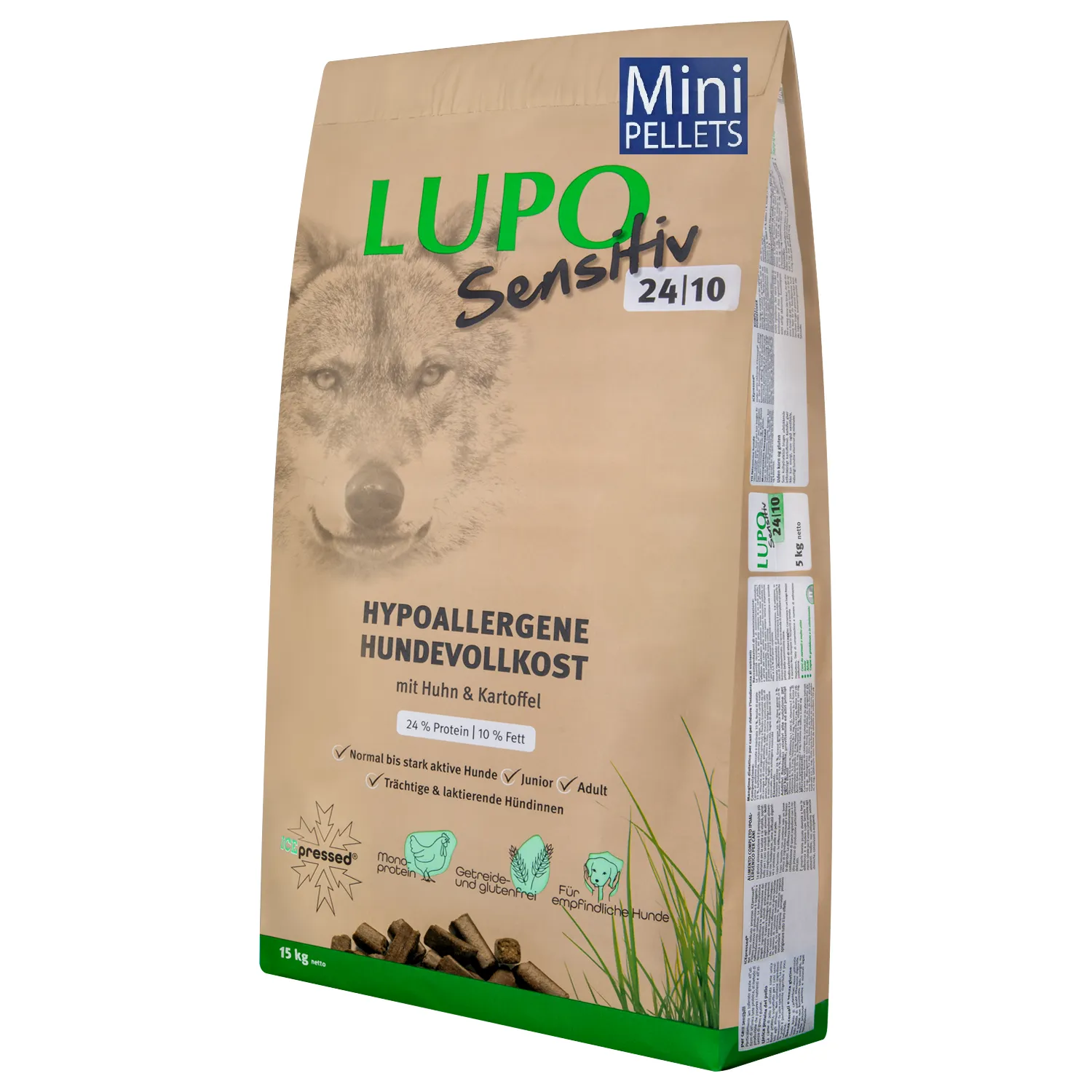 Lupo Sensitiv 24/10 Mini Pellets Chicken and Potatoes, 15 кг, гіпоалергенний монопротеїновий сухий корм для цуценят та активних собак малих порід