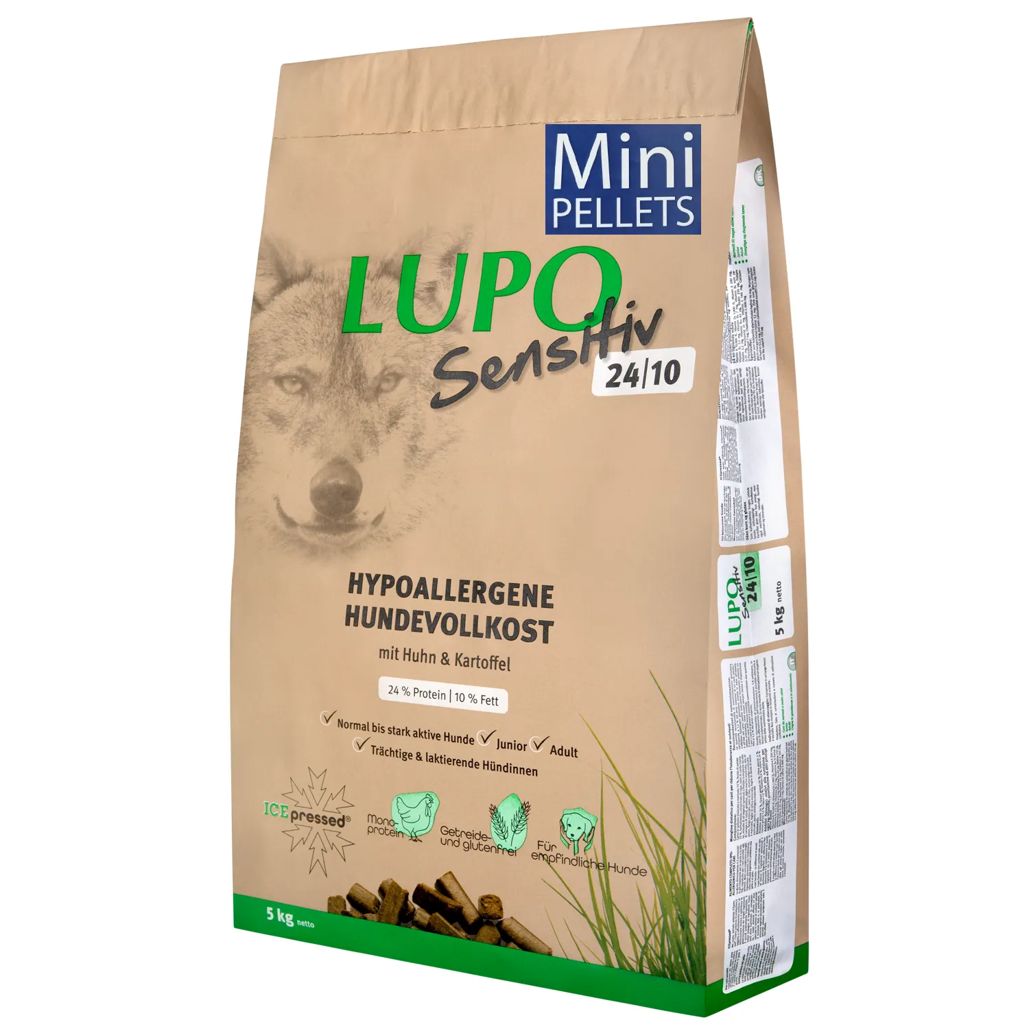 Lupo Sensitiv 24/10 Mini Pellets Chicken and Potatoes, 5 кг, гіпоалергенний монопротеїновий сухий корм для цуценят та активних собак малих порід