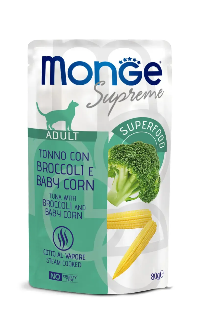 Monge Supreme Adult Cat Tuna with Broccoli and Baby Corn влажный корм для взрослых кошек с тунцом, брокколи и молодой кукурузой (пауч) - 80 г
