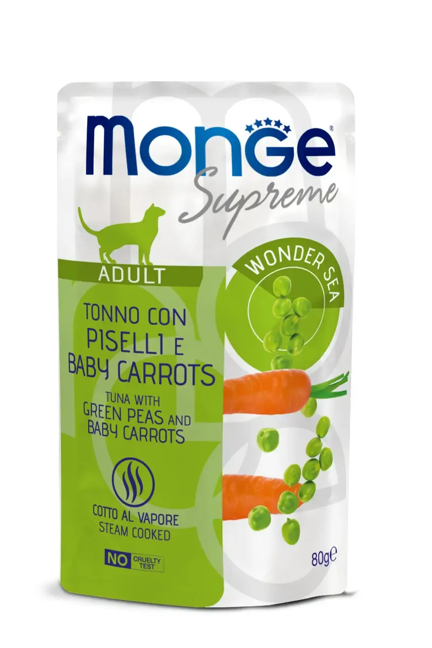 Monge Supreme Adult Cat Tuna with Green Peas and Baby Carrots влажный корм для взрослых кошек тунец с зеленым горошком и молодой морковью (пауч) - 80 г