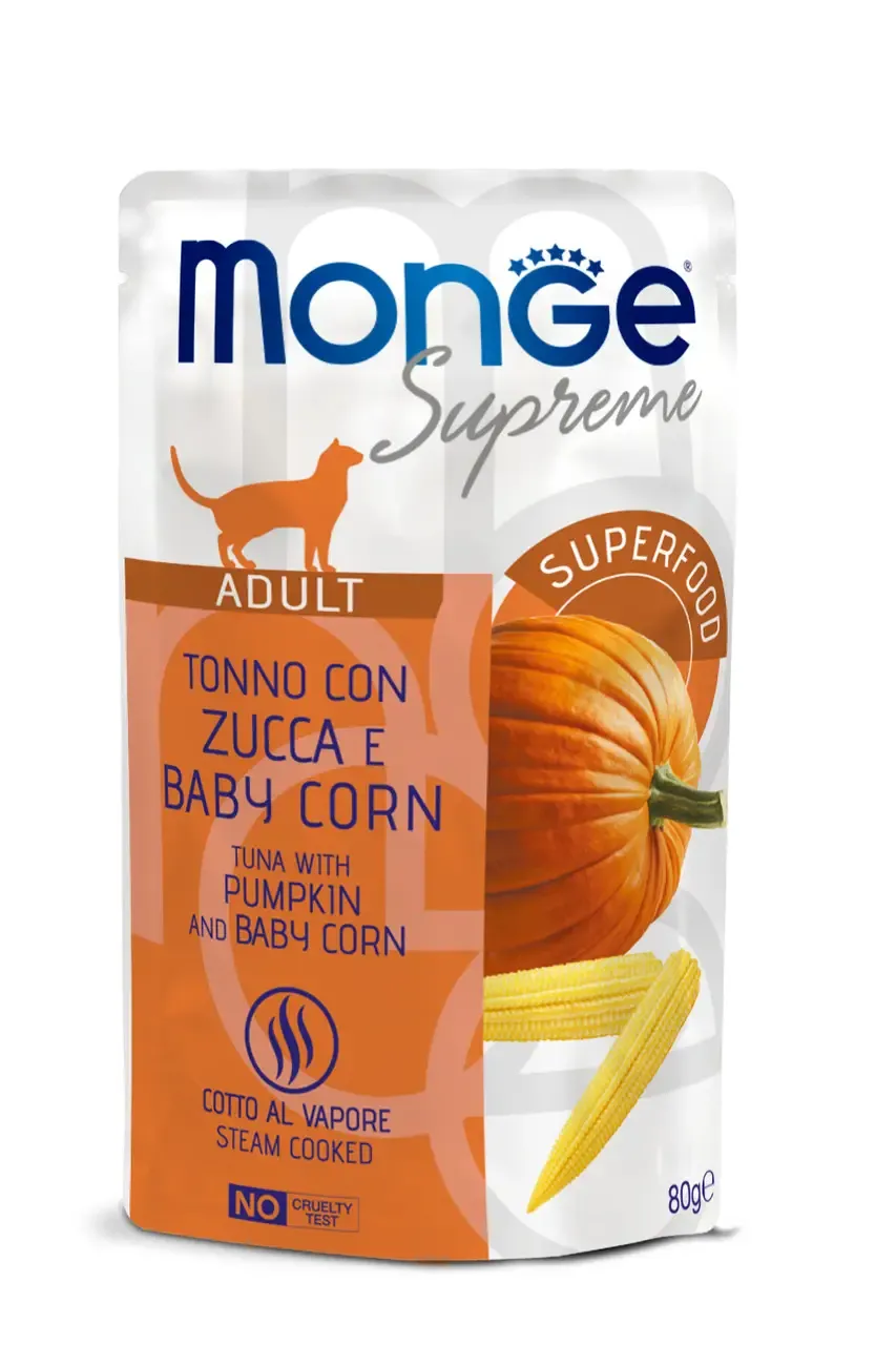 Monge Supreme Adult Cat Tuna with Pumpkin and Baby Corn влажный корм для взрослых кошек с тунцем, тыквой и молодой кукурузой (пауч) - 80 г