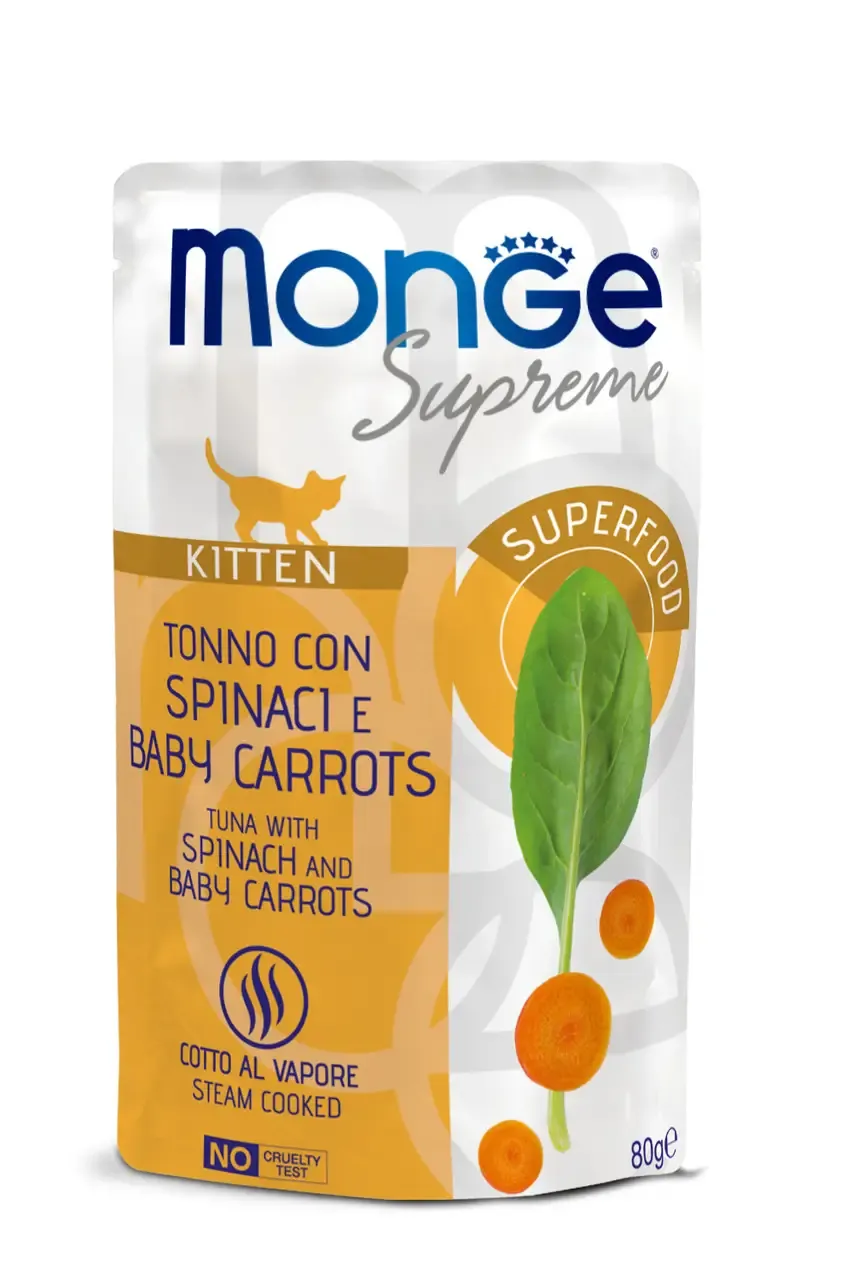 Monge Supreme Kitten Tuna with Spinach and Baby Carrots влажный корм котят тунец со шпинатом и молодой морковью (пауч) - 80 г