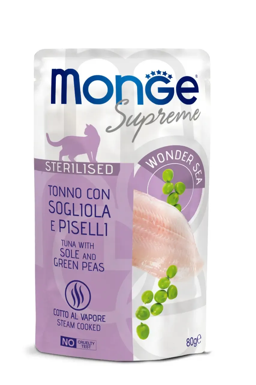 Monge Supreme Sterilized Cat Tuna with Sole and Green Peas влажный корм для стерилизованных кошек с тунцом, мидиями и оливками (пауч) - 80 г