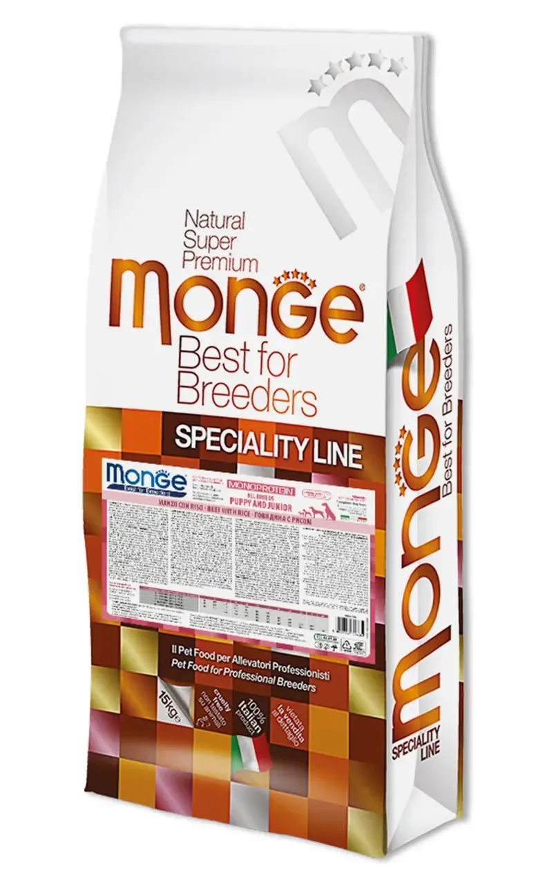 Monge Dog Monoprotein All Breeds Puppy & Junior Beef with Rice сухой корм, монопротеиновый, с говядиной и рисом для щенков и молодых собак разных пород - 15 кг