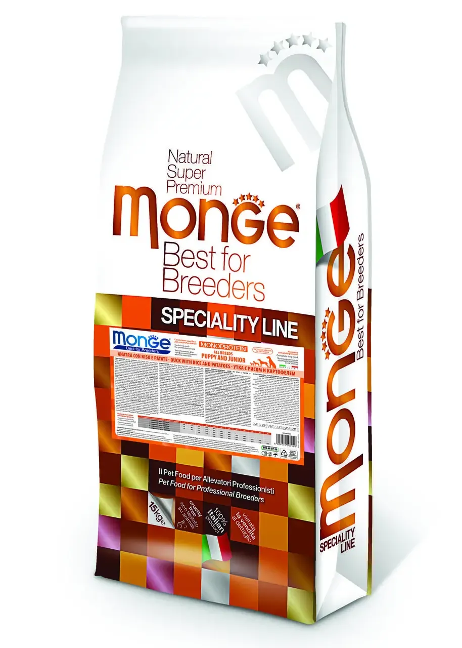 Monge All Breeds Puppy and Junior Monoprotein Duck with Rice and Potatoes сухой монопротеиновый корм с уткой, рисом и картофелем для щенков всех пород - 15 кг