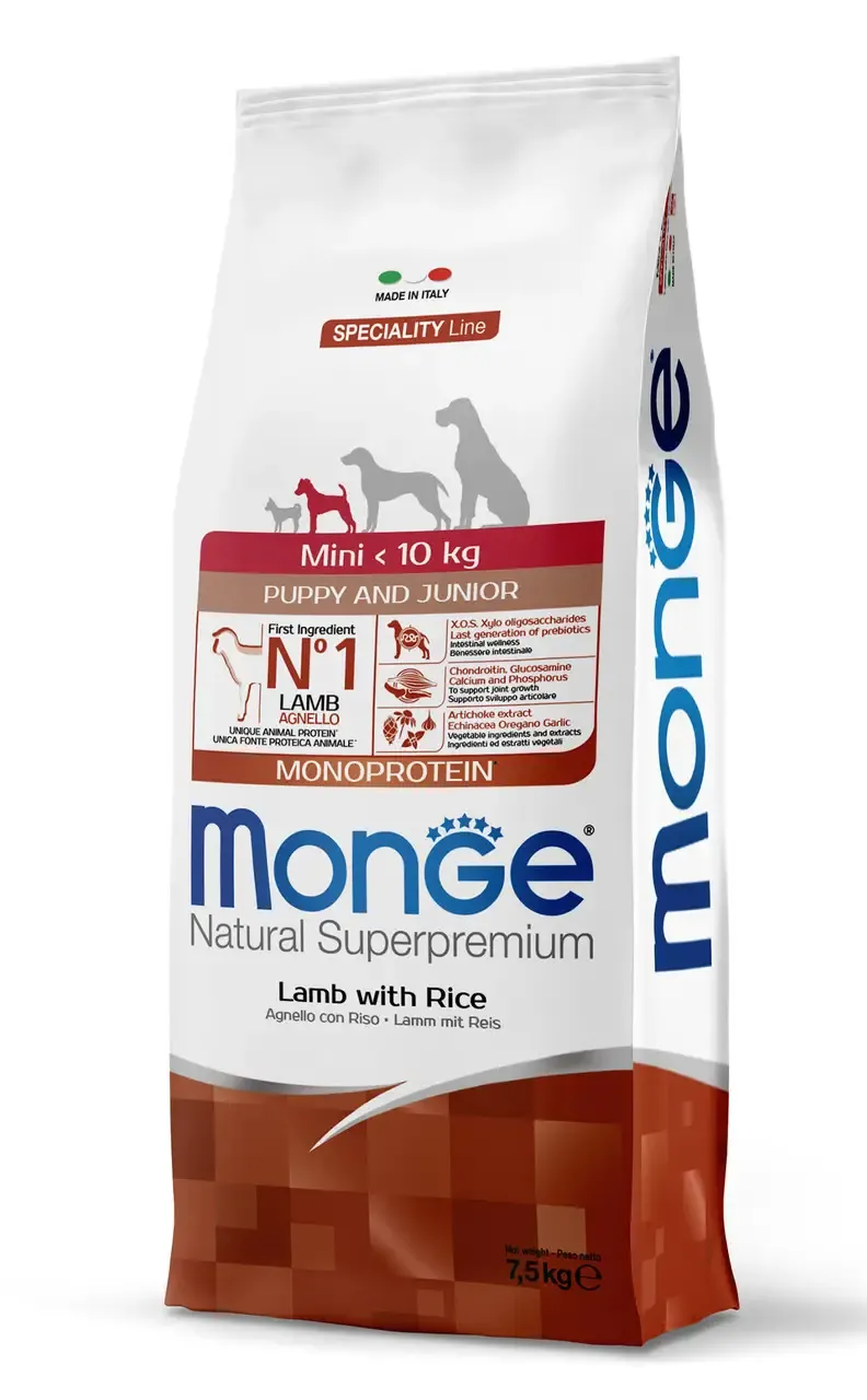 Monge Dog Monoprotein Mini Puppy & Junior Lamb and Rice сухой корм, монопротеиновый, с ягненком и рисом для щенков и молодых собак мелких пород - 7,5 кг