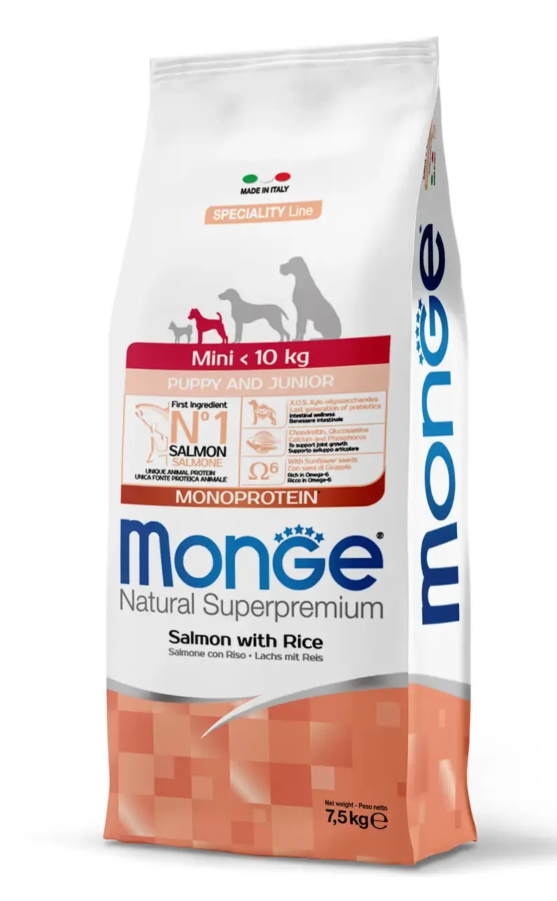 Monge Monoprotein Mini Puppy and Junior Salmon with Rice монопротеиновый сухой корм с лососем и рисом для щенков малых пород - 7,5 кг