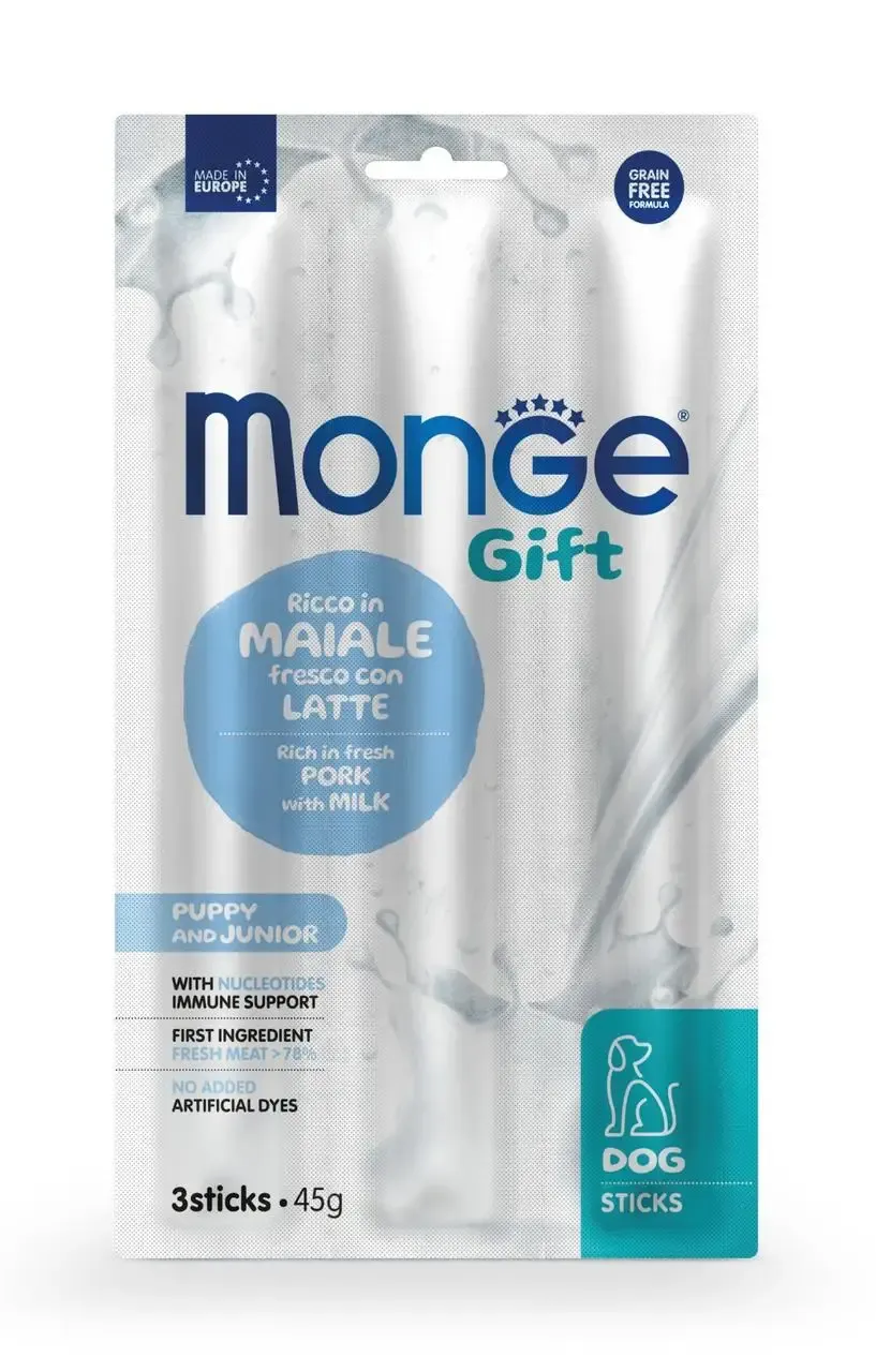 Monge Gift Puppy and Junior Rich in Fresh Pork with Milk and Nucleotides лакомство для щенков, свинина с молоком и нуклеотидами (3 шт х 45 г)