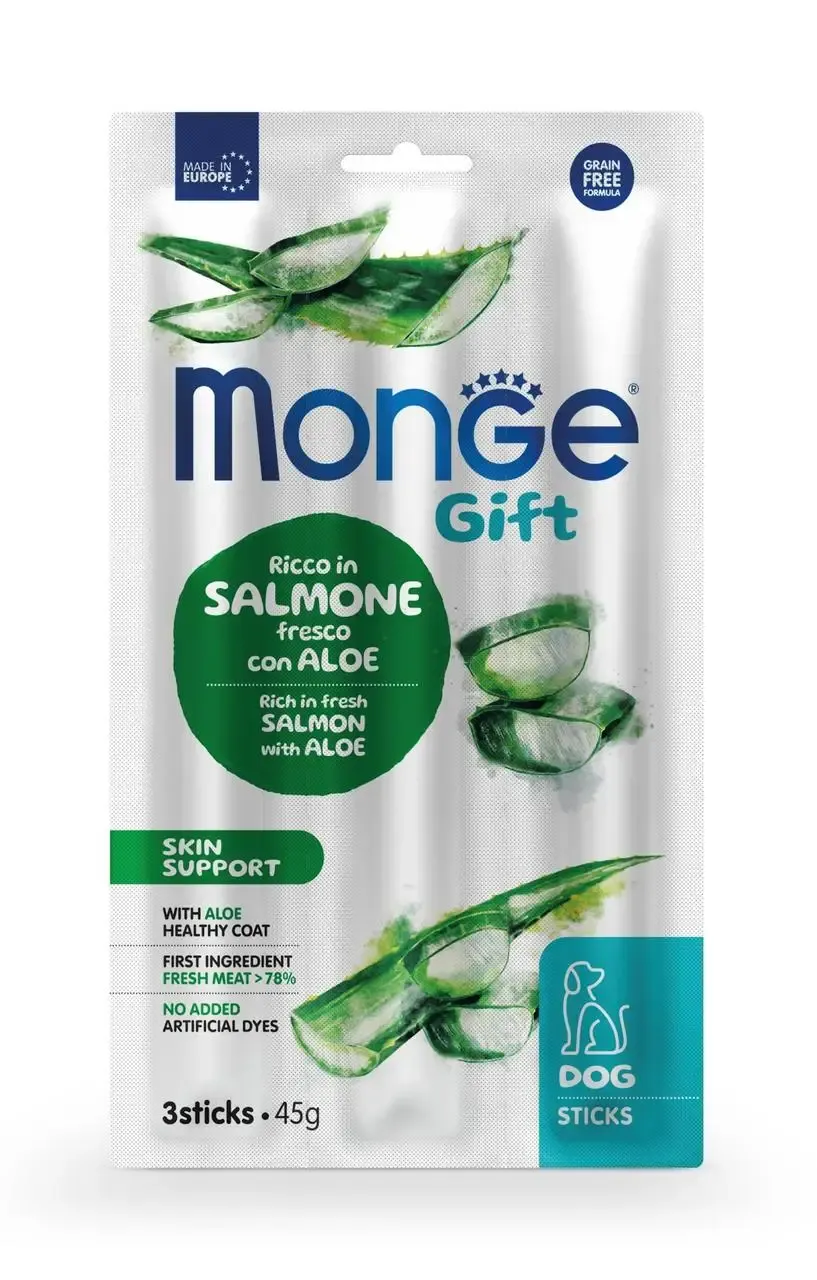 Monge Gift Skin Suppory Dog Rich in Fresh Salmon with Aloe Vera and Yast лакомство для собак, мясные палочки с лососем и алоэ (3 шт х 45 г)