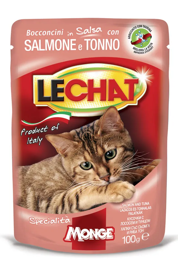 Monge LeChat Cat Wet Adult влажный корм для взрослых кошек с тунцем и лососем (кусочки в соусе) – 100 г