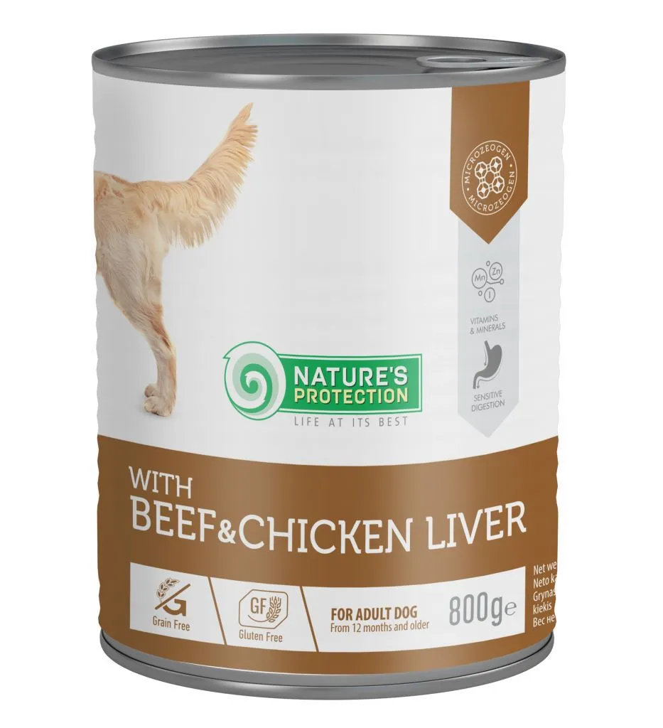 Nature's Protection Adult Beef&Chicken Liver, 800 г, беззерновой влажный корм для взрослых собак с говядиной и куриной печенью