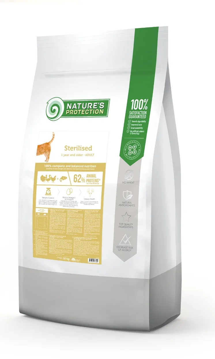Nature's Protection Cat Adult Sterilised сухой корм для взрослых кошек после стерилизации с птицей и лососем - 18 кг
