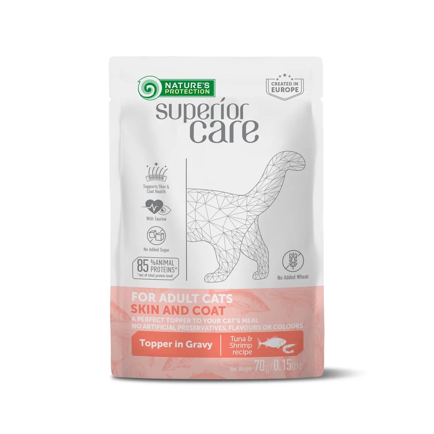 Nature's Protection Superior Care Adult Cat All Breeds Skin&Coat Tuna, Shrimps, 70 г, влажный корм для кошек с тунцем и креветками, уход за кожей и шерстью (кусочки в соусе, пауч)